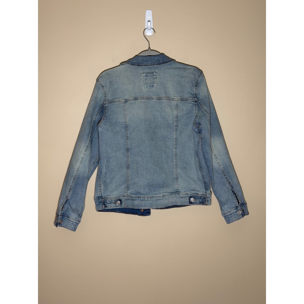 LC Lauren Conrad Blue Denim Jacket L Distressed Cotton Stretch Trucker Coat - Picture 5 of 7